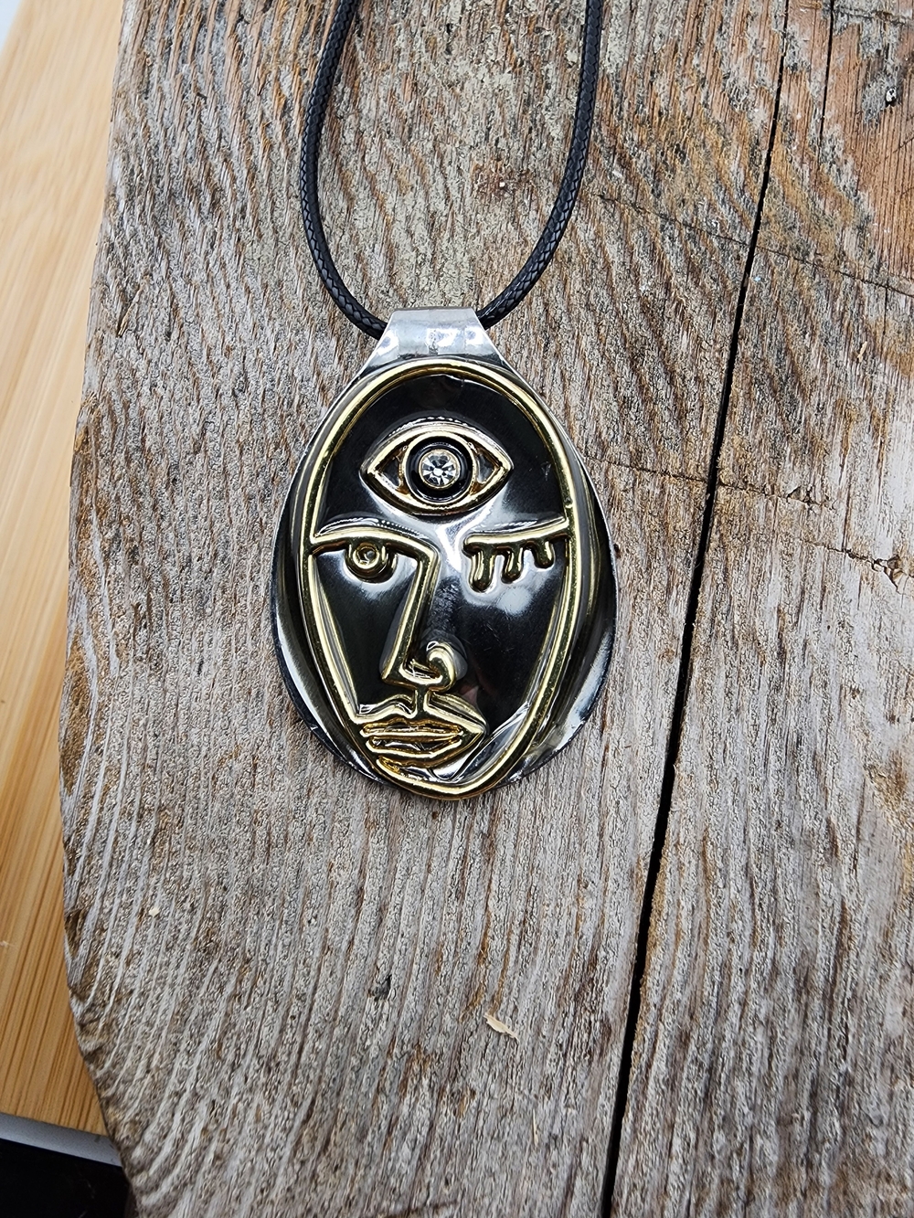 18in Adjustable Abstract Face Pendant Necklace in Silver and Gold Tone